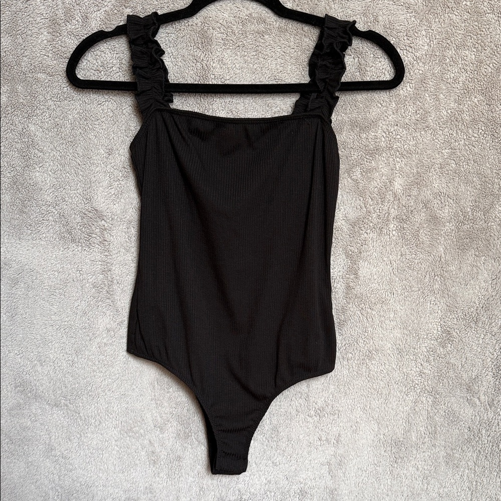 Black Ruffled Strap Bodysuit